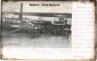 1899 (Vorläufer) Törökbecse, Újbecse, Novi Becej; Tisza folyó kikötő, DDSG 650 uszály / port with barge (vágott / cut)