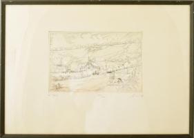 Kass János (1927-2010): Táj. Rézkarc, papír, jelzett, számozott (95/100). Üvegezett fakeretben. 19×29 cm