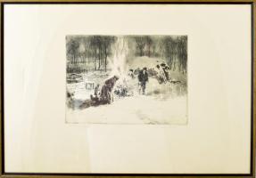 Csergezán Pál (1924-1996): Disznóölés. Rézkarc, papír, jelzett, számozott (83/100). Üvegezett fakeretben. 21,5×29 cm