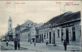 1913 Árpatarló, Ruma; Hauptgasse / Fő utca, Sava J. Krstics üzlete, templom / main street, shops, church (Rb)