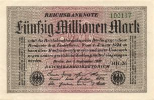 Német Birodalom / Weimari Köztársaság 1923. 50.000.000M (6x) "Hakensterne" vízjellel, köze...