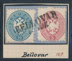 1864 5kr + 10kr on cutting "BELLOVAR", 1864 5kr + 10kr kivágáson "BELLOVAR"