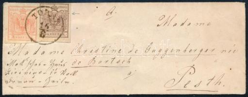 3kr + 6kr type HP III on cover "TOKAY" - "PESTH", ~1852 3kr + 6kr mindkettő HP III tipus levélen "TOKAY" - "PESTH"