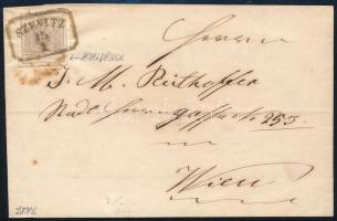 6kr with plate flaw on cover "SZENITZ", 6kr üreges nyomat levélen "SZENITZ"