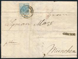 9kr MP III + torn 6kr on cover, "PESTH Abends" - München, 9kr MP III + a hátoldalon bontásnál eltépett 6kr levélen "PESTH Abends" - München
