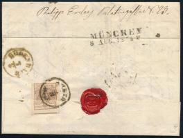 9kr MP III + torn 6kr on cover, "PESTH Abends" - München 9kr MP III + a hátoldalon bontásn...