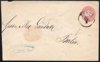 ~1865 5kr PS-cover "PESTH" - Berlin, ~1865 5kr díjjegyes boríték "PESTH" - Berlin