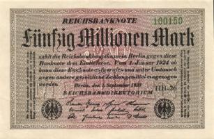 Német Birodalom / Weimari Köztársaság 1923. 50.000.000M (7x) fehér papíron "Hakensterne" vízjellel, közeli ill. egymás utáni sorszámokkal; érdekesség: egyik darab hátlapján korabeli levél félig megírva T:II+