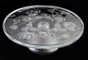 Plasztikus rózsamintás talpas tortatál, jelzés nélkül, hibátlan, d: 29,5 cm, m: 9,5 cm