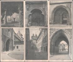 Régi német városképek, 6 db fekete-fehér nyomat (mezzotinto), München, F. Bruckmann A.-G. kiadása, kissé viseltes állapotban, 16,5x12 cm