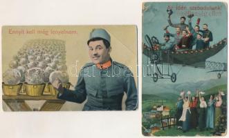 2 db RÉGI első világháborús osztrák-magyar katonai képeslap: 1: Ennyit kell még lenyelnem, 2: Az idén szabadulunk az ellenség ellen, katonai repülő / 2 pre-1945 WWI Austro-Hungarian K.u.k. military postcards: soldiers, military aircraft