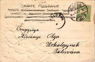 1902 Dombornyomott szecessziós virágos litho levelezőlap / Art Nouveau, Emb. floral, litho greeting ...
