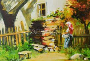 Domonkos Á jelzéssel, XX. sz. vége/XXI. sz. eleje: Falusi udvar. Olaj, vászon. Dekoratív fakeretben,...