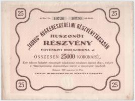Budapest 1923. "'Taurus' Huskereskedelmi Részvénytársaság" huszonöt részvénye egyben, összesen 25.000K-ról, szárazpecséttel, szelvényekkel T:XF