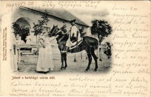 1902 Hortobágy, Jelenet a csárda előtt, magyar folklór. Pongrácz Géza kiadása, Kiss Ferenc eredeti fényképe után (EK)