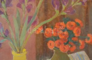 Laki Ida (1921-2015): Csendélet. Olaj, farost, jelzett. Üvegezett keretben, 58,5×50 cm 