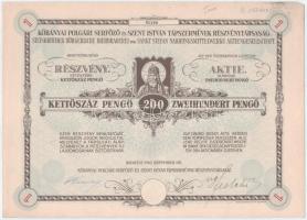 Budapest 1940. "Kőbányai Polgári Serfőző és Szent István Tápszerművek Részvénytársaság" részvénye 200P-ről, magyar és német nyelven, szárazpecséttel T:AU / Hungary / Budapest 1940. "Kőbányai Polgári Serfőző és Szent István Tápszerművek Részvénytársaság" share about 200 Pengő, Hungarian-German bilingual, with embossed stamp C:AU