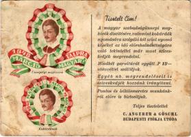 1942 Budapest VII. C. Angerer &amp; Göschl budapesti fiókja utóda reklámlapja, Petőfi Sándor kokárdában. Csengery utca 20. / Hungarian advertisement card (fa)