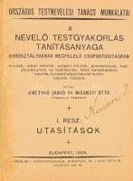 Kmetykó János - Misgyáni Ottó: A nevelő testgyakorlás tanításanyaga korosztályoknak megfelelő csoportosításban [...] I. rész: Utasítások. + IV. rész.: Testnevelő gyakorlatanyag fiúk számára. [Egybekötve]. Országos Testnevelési Tanács Munkálatai. Bp., 1929, Bichler I.-ny., 240+(14) p.; 251+(13) p. Egészvászon-kötésben, sérült gerinccel.