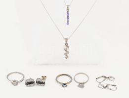 Ezüst ékszer tétel, gyűrű, nyaklánc, fülbevaló, jelzettek, bruttó 16,5g