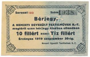 1919. Budapest 10f "Nemzeti Egyesült Textilművek R.T. - Bérjegy" T:AU sarokhajlások