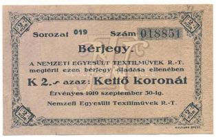 1919. Budapest 2K "Nemzeti Egyesült Textilművek R.T. - Bérjegy" T:AU sarokhajlások