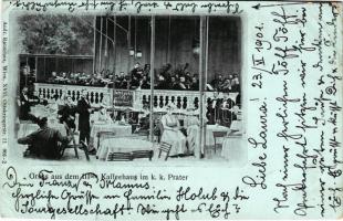 1901 Wien, Vienna, Bécs; Gruss aus dem IIIter Kaffeehaus im k. k. Prater / café, guests and waiters, musicians. Andr. Rauschan (cut)
