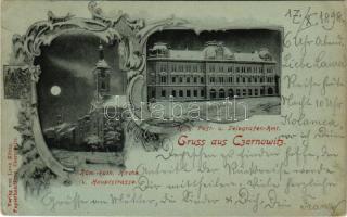 1898 (Vorläufer) Chernivtsi, Czernowitz, Cernauti, Csernyivci (Bukovina, Bucovina, Bukowina); Röm. kath. Kirche u. Hauptstrasse, K. k. Post- u. Telegrafen-Amt. Verlag von Leon König / Catholic church and main street, post and telegraph office in winter at night in moonlight. Art Nouveau, floral (crease)