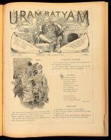 1901 Urambátyám c. élclap XVI. köt. 1-52. számai egybekötve (teljes évfolyam), 1901. jan. 6. - dec. 29. Félvászon-kötésben, kissé kopottas borítóval, a gerincen sérüléssel, néhány hiányzó lappal, ill. kivágásból eredő hiánnyal.