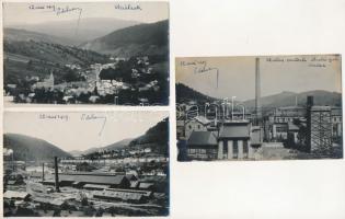 Stájerlak, Steierlak, Stájerlakanina, Steierdorf, Anina - 3 db RÉGI fotós képeslap: vasgyár, település részlet, iparvasút, gyárkémény, látkép, templom / 3 pre-1945 photo postcards: iron factory, iron works, industrial railway, chimney, general view, church
