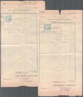 1896-97 Lauffer Vilmos-féle könyvkiadó össz. 2 db számlája a Révai testvérek bélyegzésével és 2x 1 kr. okmánybélyeggel, Weissberger Miklós (1852-1907) ügyvéd nevére kiállítva, kissé sérült