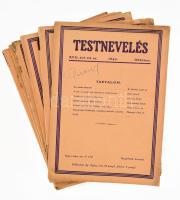 1943-1944 A Testnevelés c. folyóirat össz. 6 db száma: XVI. évf. 2., 3., 12. sz. + XVII. évf. 9., 10. sz. (duplummal). Kiadói papírkötés, változó állapotban.