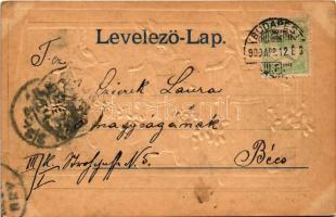 1900 Boldog húsvéti ünnepeket / Easter greeting art postcard with rabbits. Emb. floral (EK)