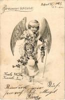 1902 Karácsonyi üdvözlet / Christmas greeting art postcard with angels. litho (lyuk / pinhole)