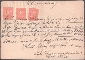 1929 Szőny, elismervény nő- és gyermektartásról, 3x10 fillér okmánybélyeggel.