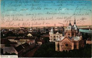 1916 Szolnok, látkép, zsinagóga. Szigeti H. felvétele, Kisné kiadása + "NAGYVÁRAD - DEBRECZEN 422." sz. vasúti mozgóposta bélyegző (r)