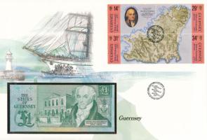 Guernsey 1980-1989. 1P felbélyegzett borítékban, bélyegzéssel T:UNC Guernsey 1980-1989. 1 Pound in envelope with stamp and cancellation C:UNC