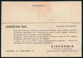 cca 1930-1940 Expection Sol, Diachemia, Straub Sándor gyógyszerészeti és vegyészeti laboratórium, ké...