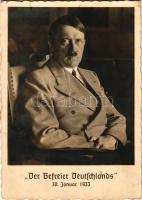 1939 Adolf Hitler, der Befreier Deutschlands. Photo Hoffmann + "LEIPZIG REICHSMESSESTADT MESSHAUS PETERSHOF" + "BERLIN GROSSDEUTSCHLANDS 1. REICHSTAG 30.1.1939" So. Stpl. (fl)