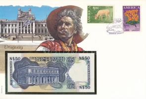 Uruguay 1989. 50P borítékban, alkalmi bélyeggel és bélyegzéssel T:UNC Uruguay 1989. 50 Pesos in envelope with stamps and cancellations C:UNC