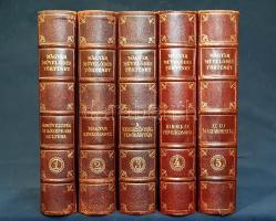 Magyar művelődéstörténet. Szerkeszti Domanovszky Sándor. 1-5. kötet. [Teljes mű öt kötetben.] (Budapest), [1939-1942]. Magyar Történelmi Társaság (Révai nyomda). 636 + [4] p. + 18 t. (ebből 4 színes, melyből kettő kihajtható) + 2 térkép (színes, kihajtható) + 1 melléklet (színes, 8 leveles hasonmás); 670 + [2] p. + 21 t. (3 színes, ebből egy kihajtható; 3 további kihajtható) + 1 térkép (színes, kihajtható) + 2 melléklet (egyleveles hasonmások, egyikük színes); 664 + [4] p. + 22 t. (5 színes, ebből egy kihajtható; további 5 kihajtható) + 3 melléklet (egyleveles hasonmás), 658 + [2] p. + 27 t. (5 színes, 4 kihajtható) + 2 térkép (kihajtható) + 3 melléklet (egy kihajtható, egy kétleveles, egy háromleveles hasonmás); 684 + [4] p. + 27 t. (6 színes, ebből egy kihajtható; további 7 kihajtható) + 3 melléklet (egyleveles, kétleveles és kihajtható hasonmások). Első kiadás. A munka beosztása:1. kötet: Ősműveltség és középkori kultúra2. kötet: Magyar renaissance 3. kötet: A kereszténység védőbástyája4. kötet: Barokk és felvilágosodás5. kötet: Az új Magyarország.Sokszerzős, olvasmányos stílusban írt művelődéstörténeti szakmunkánk a szellemtörténet jegyében vizsgálja sokrétűen a magyar művelődéstörténet ezer esztendejét. Oldalszámozáson belül rendkívül gazdag illusztrációs anyaggal. A sorozat az egyértelmű forrásokban szegényebb korai időszakokban igen ötletesen rekonstruálja az egykori magyar élet jogi, világnézeti, mentalitástörténeti, életmód- és étkezési, lakó-, szórakozási és munkakörülményeit, tárgyi kultúráját, nemzetkarakterológiai jegyeit (gótikus oltárképeket és oltárfaragványokat, címerképeket, kályhacsempéket, pillérfaragványokat, itthoni és közép-európai kódexillusztrációkat, később nyomtatványokat, kártyalapokat, ötvösmunkákat és szőtteseket használ erre a célra). A munka a török hódítástól kezdve, illetve a török megszállás utáni Habsburg-uralomtól kezdve részletesen dokumentálja az egykor tisztán magyarlakta vidékekre tartó nemzetiségi beköltözés folyamatát, és mindvégig a magyarság civilizációteremtő képességéről ad gazdag képet. A harmadik kötet 244. oldalához tartozó tábla korábban ki nem adott rézmetszet. A sorozatot Varjú Elemér tervezte. Egységes, álbordázott, aranyozott gerincű kiadói félbőr kötésben, a második kötet gerincbordáin apró kopásokkal. Dekoratív, szép sorozat.