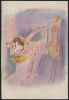 E. Knapp és jelzés nélkül: 2 db erotikus grafika. Akvarell, papír, tus. 23x16 cm, 9x12 cm