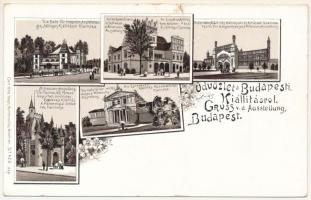 Budapest, Ezredéves Országos Kiállítás épületei; Időleges kiállítások csarnoka, Kereskedelem-, pénz- és Hitelügyi csarnok, Bányászati és kohászati csarnok, Közoktatásügyi csarnok, Meteorológiai Intézetek pavilonja. Carl Otto Hayd Kunstverlag No. 425. Art Nouveau, floral, litho (r)