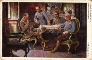 Feldherren-Konferenz / WWI Austro-Hungarian K.u.K. and German military art postcard, Archduke Friedrich, Wilhelm II, Hötzendorf, Hindenburg. W.R.B. &amp; Co. Nr. 221. s: R. A. Höger (kopott sarkak / worn corners)