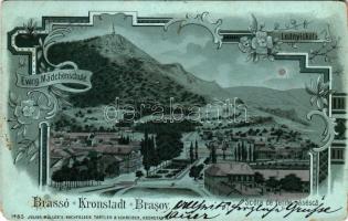 1900 Brassó, Kronstadt, Barsov; Evang. Mädchenschule / Leányiskola este holdfényben / Scola de fetite sasesca / girls' school at night in moonlight. Julis Müller's Nachfolger Tartler &amp; Schreiber Art Nouveau, floral, litho (EM)