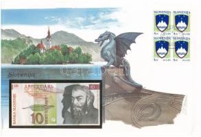 Szlovénia 1992. 10T felbélyegzett borítékban, bélyegzéssel T:UNC Slovenia 1992. 10 Tolarjev in envelope with stamp and cancellation C:UNC