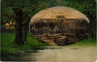 1910 Nagyszeben, Hermannstadt, Sibiu; Erlenpark und k.u.k. Garnisons-Spital / Osztrák-magyar helyőrségi kórház. Carl F. Jickeli kiadása, szecessziós litho keret / Austro-Hungarian military garrison hospital, park. Art Nouveau litho frame (r)