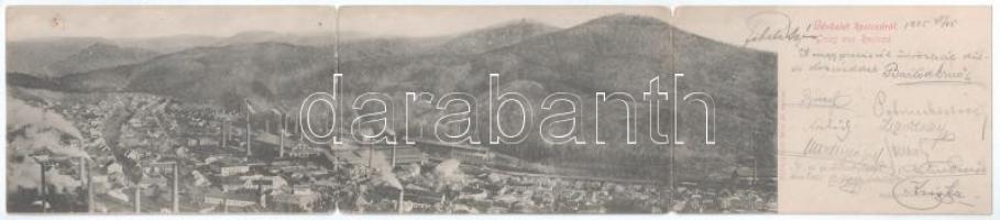 1905 Resicabánya, Resica, Resicza, Resita; vasgyár. Weiss A. kiadása, 3-részes kihajtható panorámalap / iron factory, ironworks. 3-tiled folding panoramacard (hajtásnál szakadt / torn at fold)