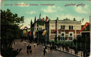 Constantinople, Istanbul; Gare des Chemins de fer Orientaux / railway station, flags (tiny tear)