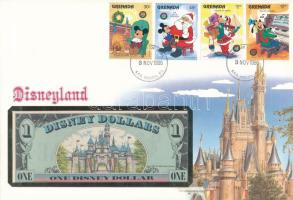 Amerikai Egyesült Államok 1987A 1DD bankjegyes borítékban, grenadai bélyegekkel és elsőnapi bélyegzéssel T:UNC, enyhe gyűrődés a borítékon USA 1987A 1 Disney Dollar in banknote envelope with stamps from Grenada, with first day of issue stamp C:UNC, envelope slightly fold